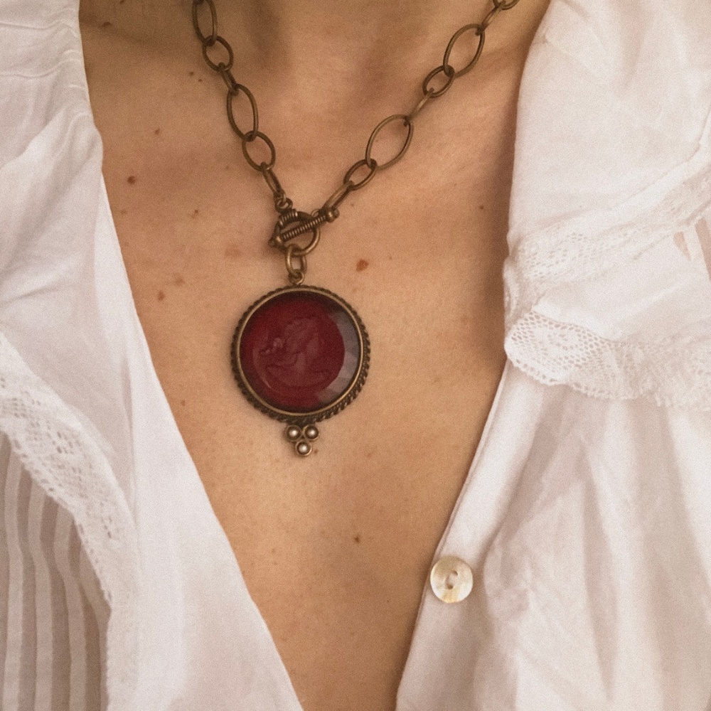 Czech Glass Necklace and Ruby Cameo Pendant